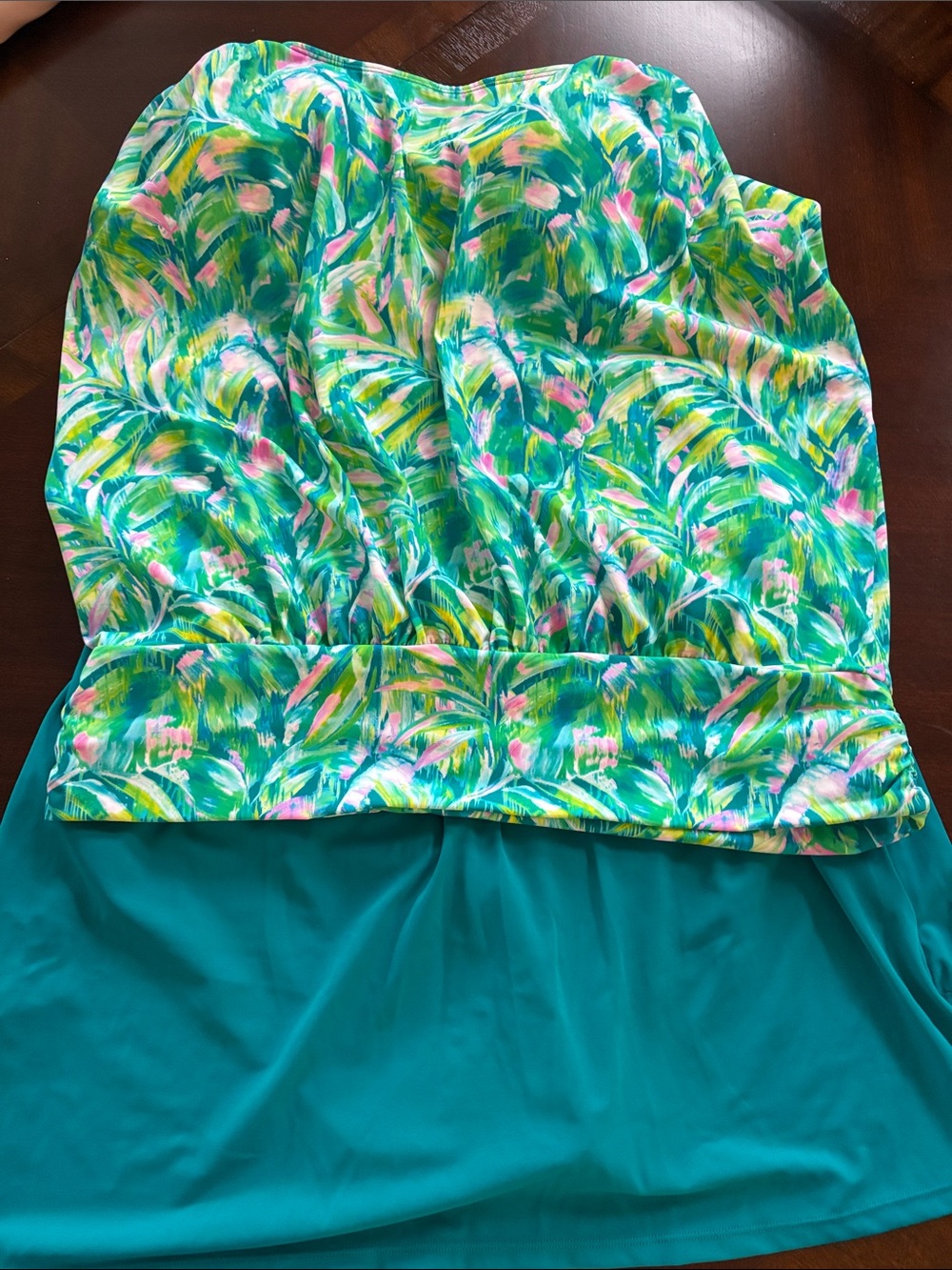 Belle by Kim Gravel Teal Tropical Print Skirted Bikini Top